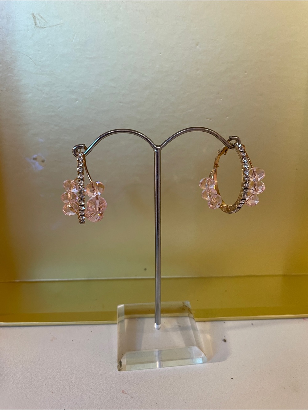 Gold Hoop Earrings with Pink Crystal Beads